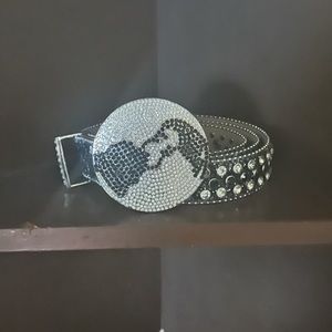 Globe Metal Buckle White Rhinestones Diamond Leather Belt Earth World